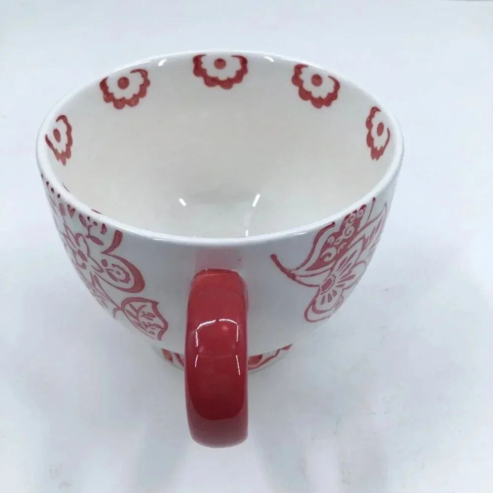 Dutch Wax Coffee Tea Mug Cup Hand-Painted Wisconsin Red White Floral Cottagecore - Picture 5 of 8